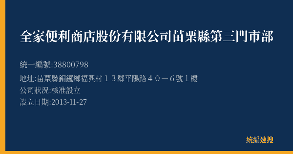全家便利商店股份有限公司苗栗縣第三門市部的照片-統編 38800798(苗栗縣) 公司登記資料與營業項目詳細圖表