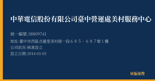 中華電信股份有限公司臺中營運處美村服務中心的照片-統編 38809741(臺中市) 公司登記資料與營業項目詳細圖表