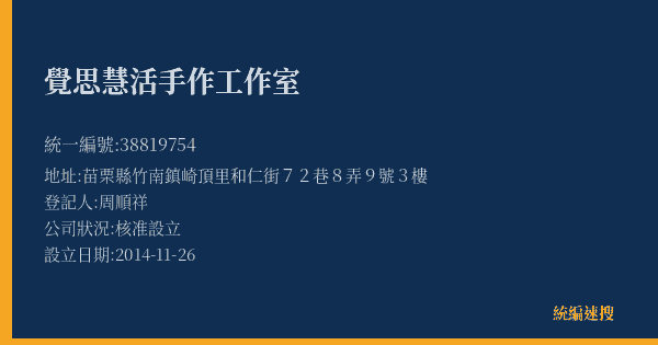 覺思慧活手作工作室的照片-統編 38819754(苗栗縣) 公司登記資料與營業項目詳細圖表