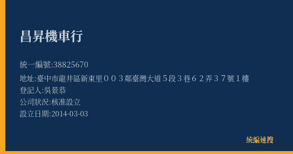 昌昇機車行的照片-統編 38825670(臺中市) 公司登記資料與營業項目詳細圖表
