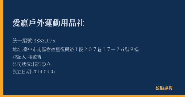 愛贏戶外運動用品社的照片-統編 38831075(臺中市) 公司登記資料與營業項目詳細圖表