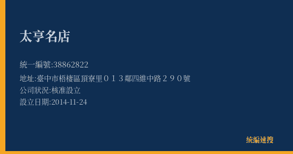 太亨名店的照片-統編 38862822(臺中市) 公司登記資料與營業項目詳細圖表
