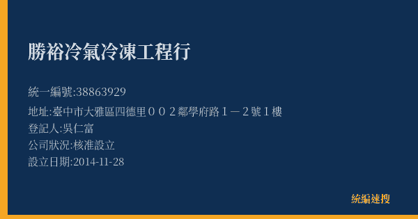 勝裕冷氣冷凍工程行的照片-統編 38863929(臺中市) 公司登記資料與營業項目詳細圖表