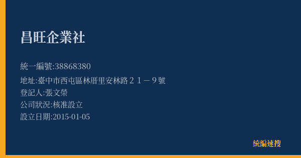 昌旺企業社的照片-統編 38868380(臺中市) 公司登記資料與營業項目詳細圖表