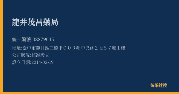 龍井茂昌藥局的照片-統編 38879035(臺中市) 公司登記資料與營業項目詳細圖表