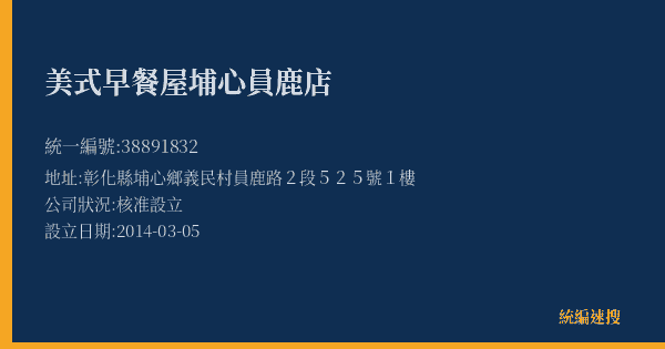 美式早餐屋埔心員鹿店的照片-統編 38891832(彰化縣) 公司登記資料與營業項目詳細圖表
