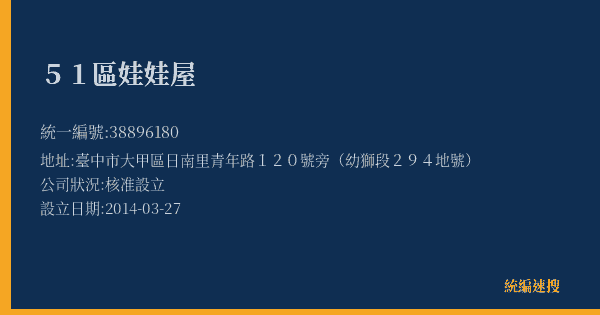 51區娃娃屋的照片-統編 38896180(臺中市) 公司登記資料與營業項目詳細圖表