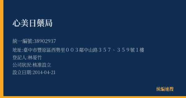 心美日藥局的照片-統編 38902937(臺中市) 公司登記資料與營業項目詳細圖表