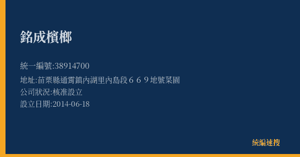 銘成檳榔的照片-統編 38914700(苗栗縣) 公司登記資料與營業項目詳細圖表