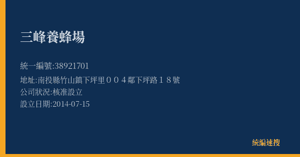 三峰養蜂場的照片-統編 38921701(南投縣) 公司登記資料與營業項目詳細圖表