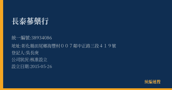 長泰蔘藥行的照片-統編 38934086(彰化縣) 公司登記資料與營業項目詳細圖表