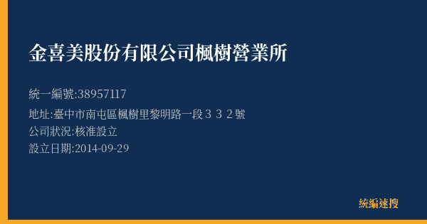 金喜美股份有限公司楓樹營業所的照片-統編 38957117(臺中市) 公司登記資料與營業項目詳細圖表