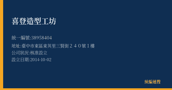喜登造型工坊的照片-統編 38958404(臺中市) 公司登記資料與營業項目詳細圖表