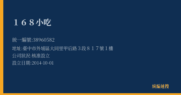 168小吃的照片-統編 38960582(臺中市) 公司登記資料與營業項目詳細圖表