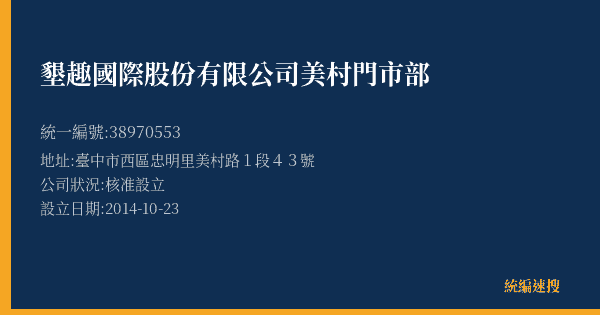 墾趣國際股份有限公司美村門市部的照片-統編 38970553(臺中市) 公司登記資料與營業項目詳細圖表