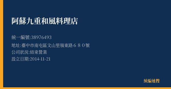 阿蘇九重和風料理店的照片-統編 38976493(臺中市) 公司登記資料與營業項目詳細圖表