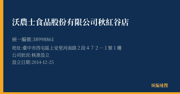 沃農士食品股份有限公司秋紅谷店的照片-統編 38998861(臺中市) 公司登記資料與營業項目詳細圖表