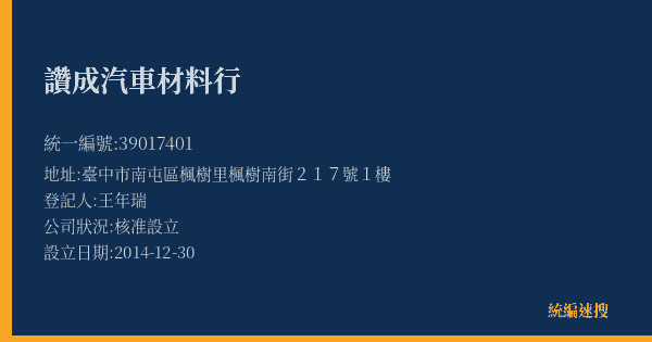 讚成汽車材料行的照片-統編 39017401(臺中市) 公司登記資料與營業項目詳細圖表
