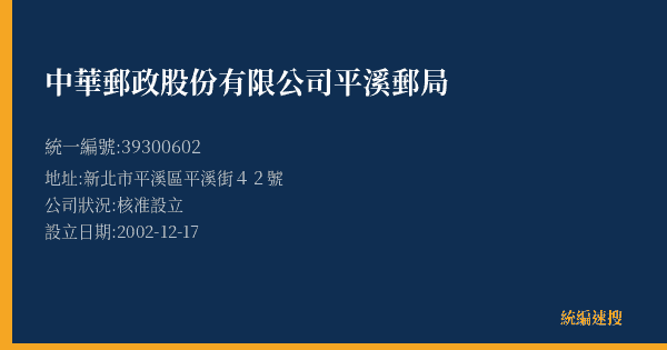 中華郵政股份有限公司平溪郵局的照片-統編 39300602(新北市) 公司登記資料與營業項目詳細圖表