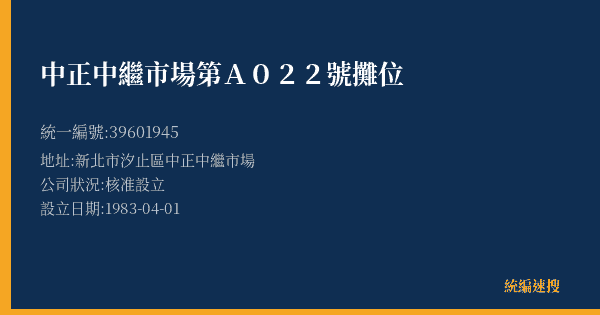 中正中繼市場第A022號攤位的照片-統編 39601945(新北市) 公司登記資料與營業項目詳細圖表