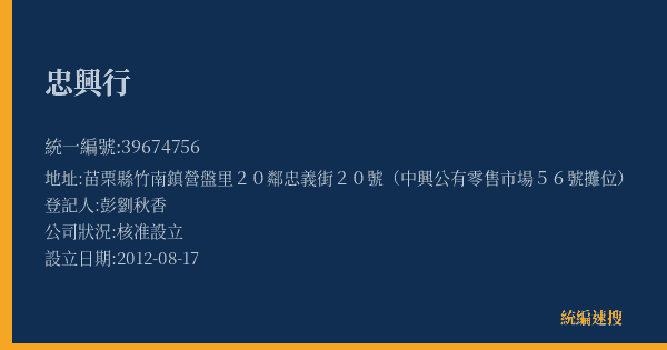 忠興行的照片-統編 39674756(苗栗縣) 公司登記資料與營業項目詳細圖表