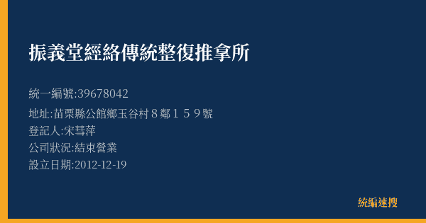 振義堂經絡傳統整復推拿所的照片-統編 39678042(苗栗縣) 公司登記資料與營業項目詳細圖表