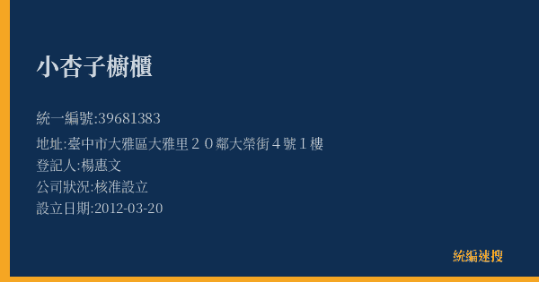 小杏子櫥櫃的照片-統編 39681383(臺中市) 公司登記資料與營業項目詳細圖表