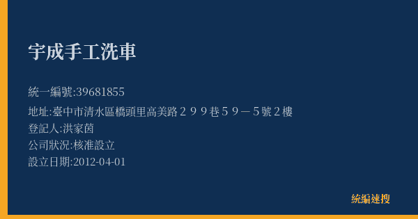 宇成手工洗車的照片-統編 39681855(臺中市) 公司登記資料與營業項目詳細圖表