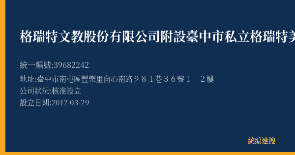 格瑞特文教股份有限公司附設臺中市私立格瑞特美語短期補習班的照片-統編 39682242(臺中市) 公司登記資料與營業項目詳細圖表