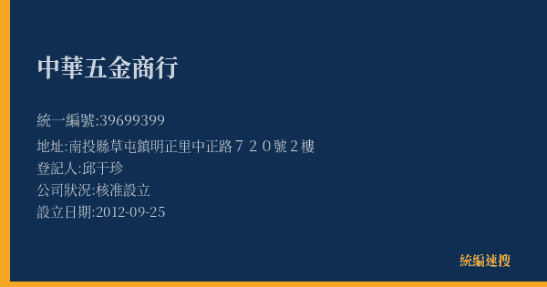 中華五金商行的照片-統編 39699399(南投縣) 公司登記資料與營業項目詳細圖表