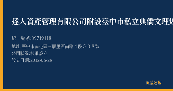 達人資產管理有限公司附設臺中市私立典僑文理短期補習班的照片-統編 39719418(臺中市) 公司登記資料與營業項目詳細圖表