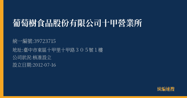 葡萄樹食品股份有限公司十甲營業所的照片-統編 39723715(臺中市) 公司登記資料與營業項目詳細圖表