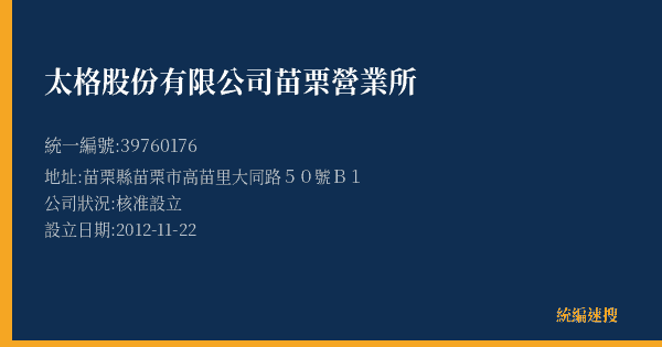 太格股份有限公司苗栗營業所的照片-統編 39760176(苗栗縣) 公司登記資料與營業項目詳細圖表