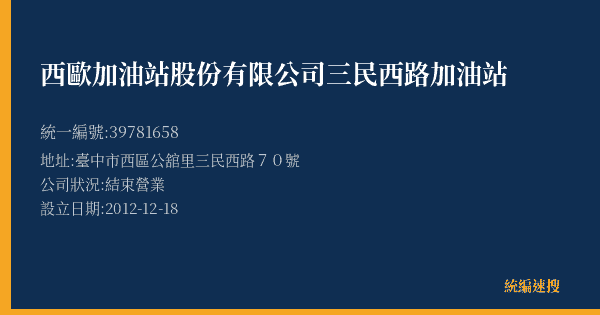 西歐加油站股份有限公司三民西路加油站的照片-統編 39781658(臺中市) 公司登記資料與營業項目詳細圖表