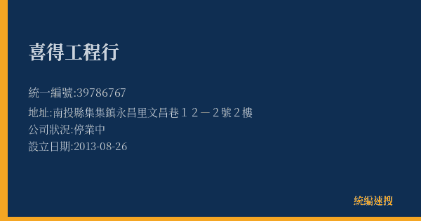 喜得工程行的照片-統編 39786767(南投縣) 公司登記資料與營業項目詳細圖表