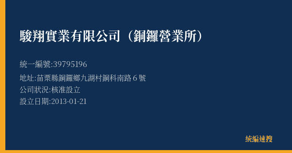 駿翔實業有限公司(銅鑼營業所)的照片-統編 39795196(苗栗縣) 公司登記資料與營業項目詳細圖表