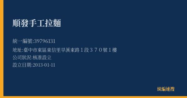 順發手工拉麵的照片-統編 39796131(臺中市) 公司登記資料與營業項目詳細圖表