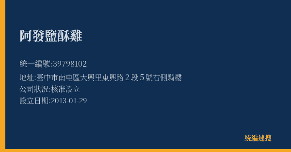 阿發鹽酥雞的照片-統編 39798102(臺中市) 公司登記資料與營業項目詳細圖表