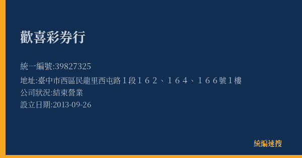 歡喜彩券行的照片-統編 39827325(臺中市) 公司登記資料與營業項目詳細圖表