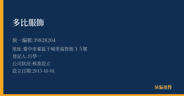 多比服飾的照片-統編 39828204(臺中市) 公司登記資料與營業項目詳細圖表