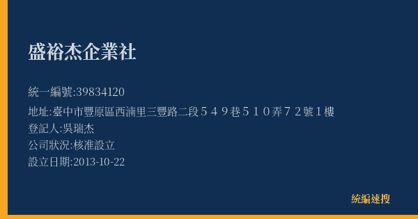 盛裕杰企業社的照片-統編 39834120(臺中市) 公司登記資料與營業項目詳細圖表