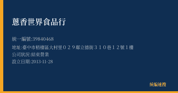 蔥香世界食品行的照片-統編 39840468(臺中市) 公司登記資料與營業項目詳細圖表