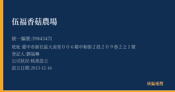伍福香菇農場的照片-統編 39843471(臺中市) 公司登記資料與營業項目詳細圖表