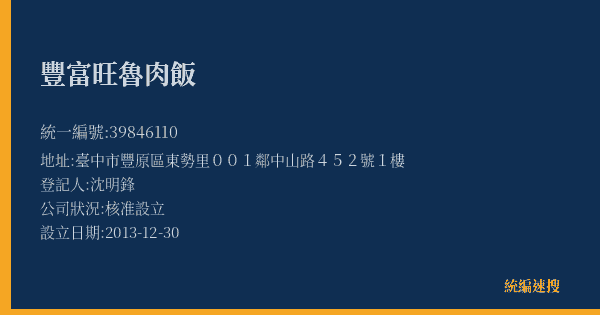 豐富旺魯肉飯的照片-統編 39846110(臺中市) 公司登記資料與營業項目詳細圖表