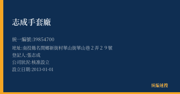 志成手套廠的照片-統編 39854700(南投縣) 公司登記資料與營業項目詳細圖表