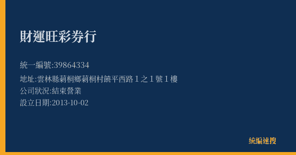 財運旺彩券行的照片-統編 39864334(雲林縣) 公司登記資料與營業項目詳細圖表