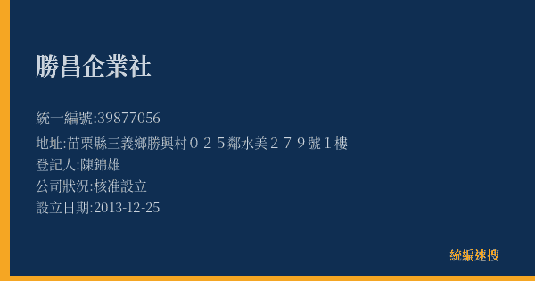 勝昌企業社的照片-統編 39877056(苗栗縣) 公司登記資料與營業項目詳細圖表
