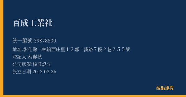百成工業社的照片-統編 39878800(彰化縣) 公司登記資料與營業項目詳細圖表