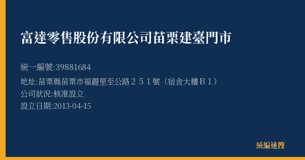 富達零售股份有限公司苗栗建臺門市的照片-統編 39881684(苗栗縣) 公司登記資料與營業項目詳細圖表
