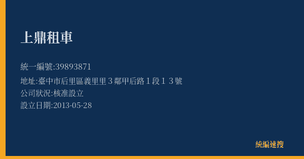 上鼎租車的照片-統編 39893871(臺中市) 公司登記資料與營業項目詳細圖表
